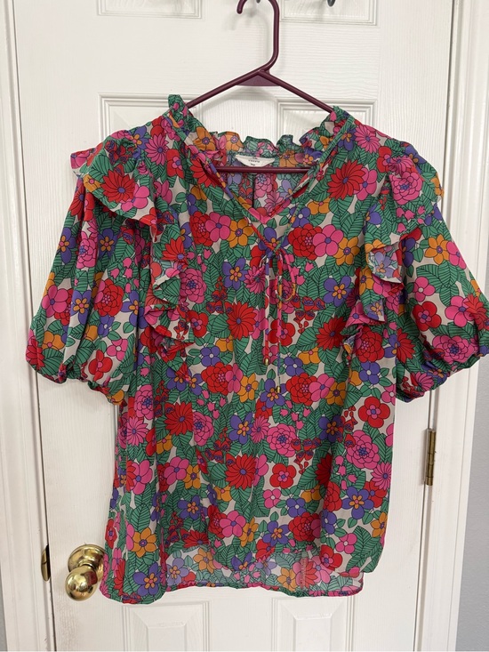 entro Tops - entro Bright Green Floral Ruffle Short Sleeve Blouse